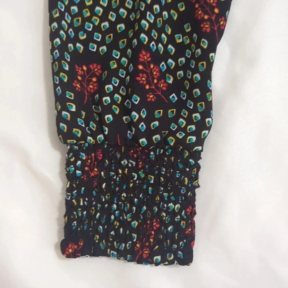 Loft Floral Lace Trim Smocked Cuff Blouse, Color Black/Turquoise/Red Size SP - Picture 5 of 15